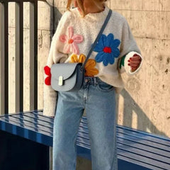 Aiertu  -  Crochet Flower Pullover Knitted Sweater Women's Fashion Loose Lantern Long Sleeve Embroidery Knit Top Streetwear Fashion Aiertu