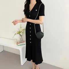 Aiertu Knitted Black Bodycon Korea Style Ruffle Ladies Short Sleeves Midi Dresses Elegant Casual V-neck Mermaid Dress for Women Summer Aiertu