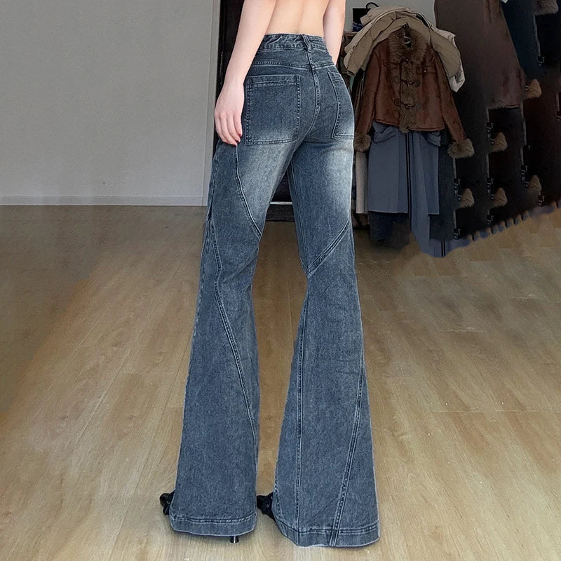 Aiertu  -  Y2K Low Waisted Washed Flare Jeans Korean Streetwear Blue Slim Fit Denim Pants Fashion Lady Casual Boot Cut Trousers Aiertu
