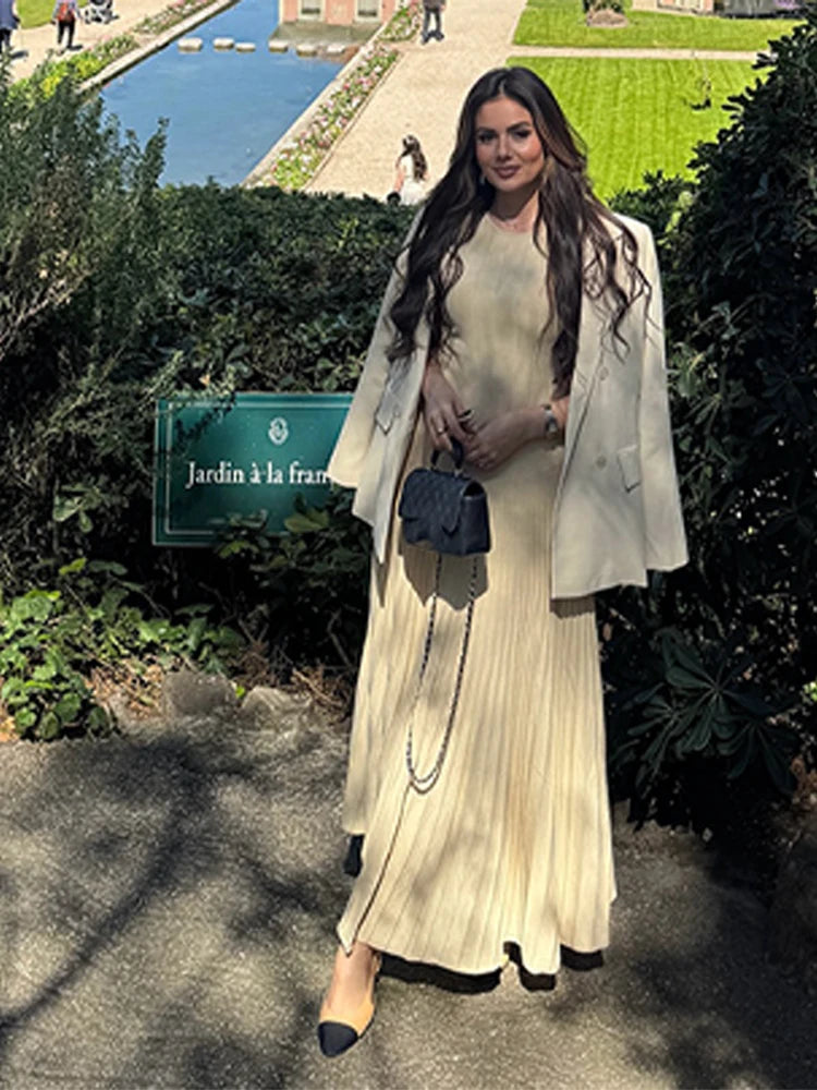 Aiertu  -  Chic Patchwork Pleated Dress Women O-neck Sleeveless A-line Ankle-length Dresses Female 2025 Spring Summer Minimalism Lady Robe Aiertu