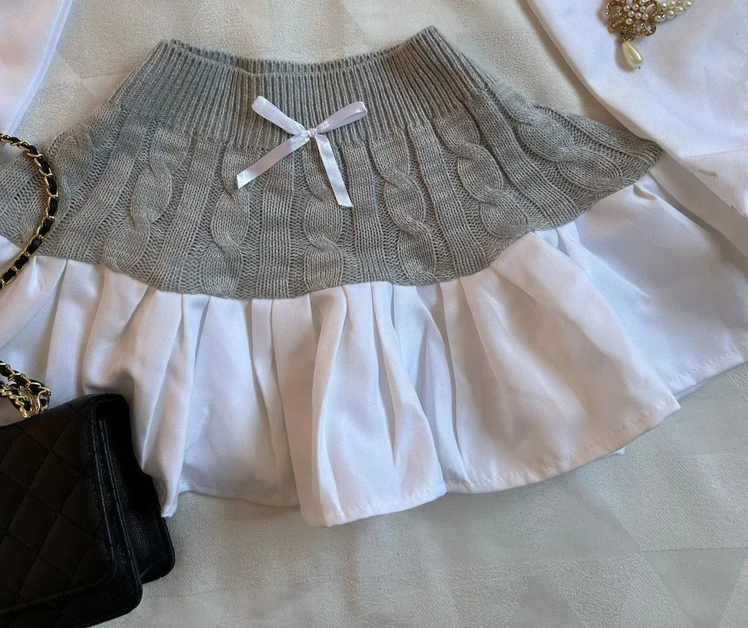 Aiertu  -  American Sweater Skirt Suit Two Piece Harajuku Women Fashionable V Neck Vest Striped Knitted Stitching Sexy Mini Skirt Short Top Aiertu