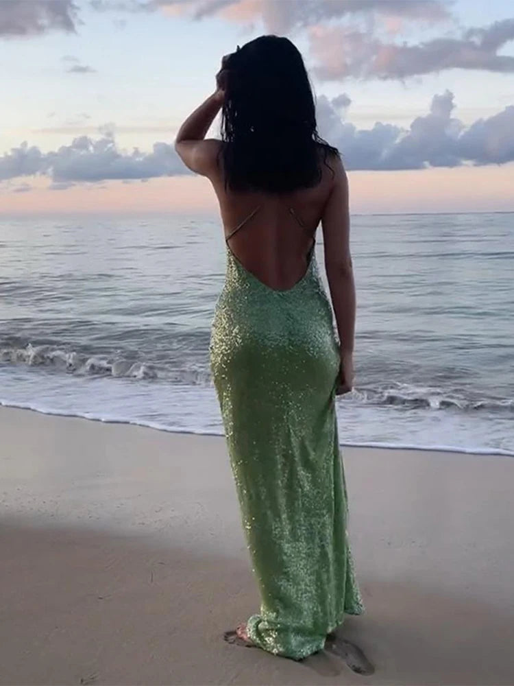 Aiertu  -  Sexy Deep V-neck Sequin Dress Women Sling Sleeveless Backless Slim Hip Package Long Dresses Female 2025 Spring Summer Lady Gown Aiertu