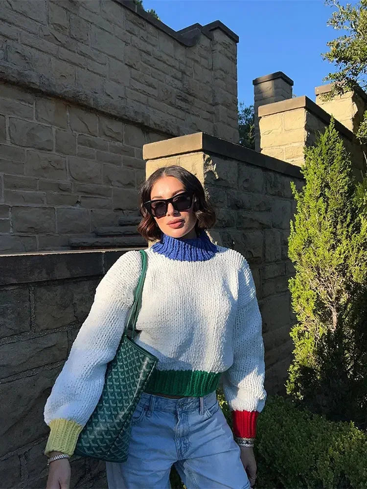 Aiertu  - Casual Knitted Contrast Colorful Pullover 2026 Women Elegant Stand Collar Long Sleeves Sweater Autumn Lady High Streetwear Aiertu