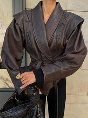 Aiertu  -  Fashion Leather Woman Short Jacket With Belt Turn Down Collar Long Sleeve Motorcycle Coat Ladies Winter Warm Street Outerwear Aiertu