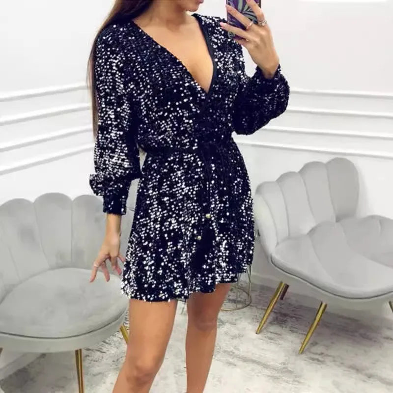 Aiertu  -  Sexy Deep V-neck Long Sleeve Mini Dress Women Fashion Shiny Sequins Lace-up A-Line Dress Fashion Hight Waist Club Party Dresses Aiertu