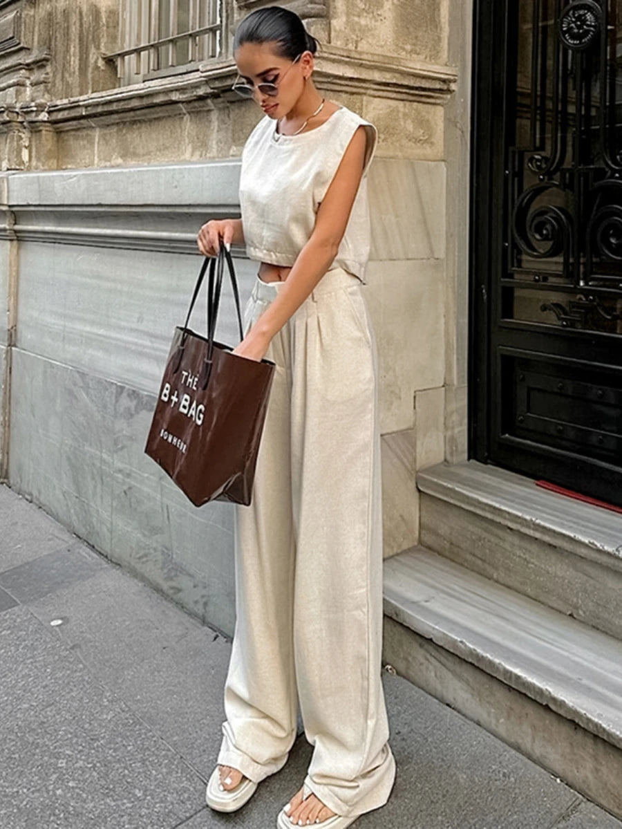 Aiertu  -  Summer Womem Fashion Round Neck Sleeveless Top Pants Suit Two-Piece Set Office Ladies Chic Pants Suits Womens Outfits Aiertu