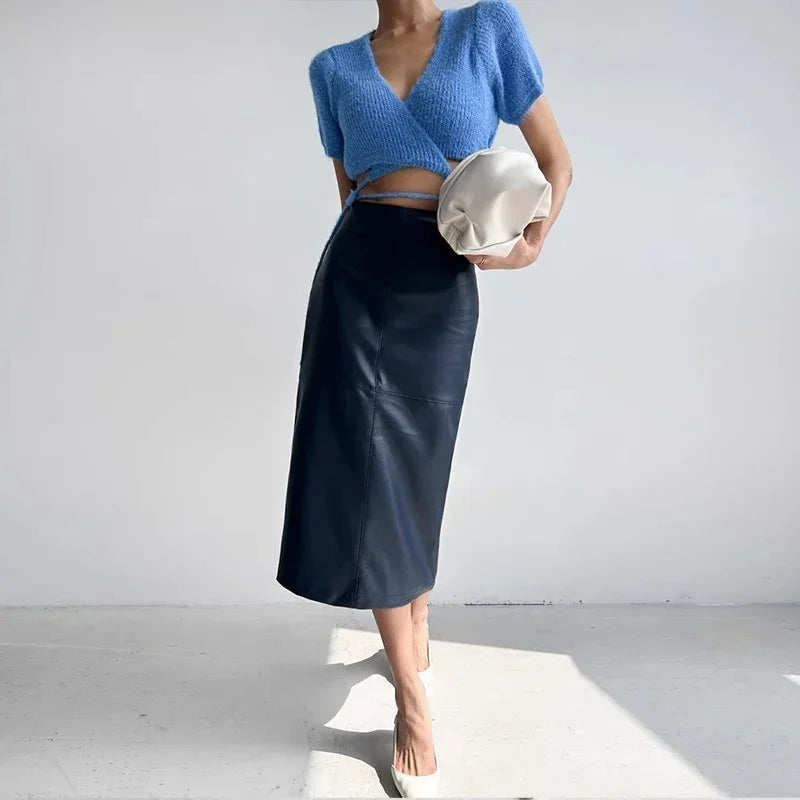 Aiertu  -  Solid Pu Leather Women Skirts High Waist Hip Package Female Half Skirt A Line Autumn Winter New Fashion Lady Maxi Rube Aiertu