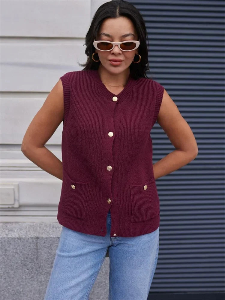 Aiertu  -  Casual Loose Sweater Cardigan Vestidos For Women Sleeveless Ribbed Cropped Pocket Commute Top Female Solid Cardigan Top Aiertu