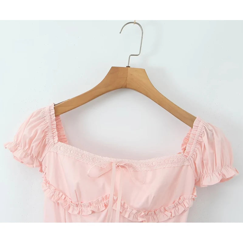 Aiertu  -  Summer Women Elegant Pink Mini Dress Vintage Puff Sleeve Slim Low Waist Birthday Party Dresses Bandage Back Robe Aiertu