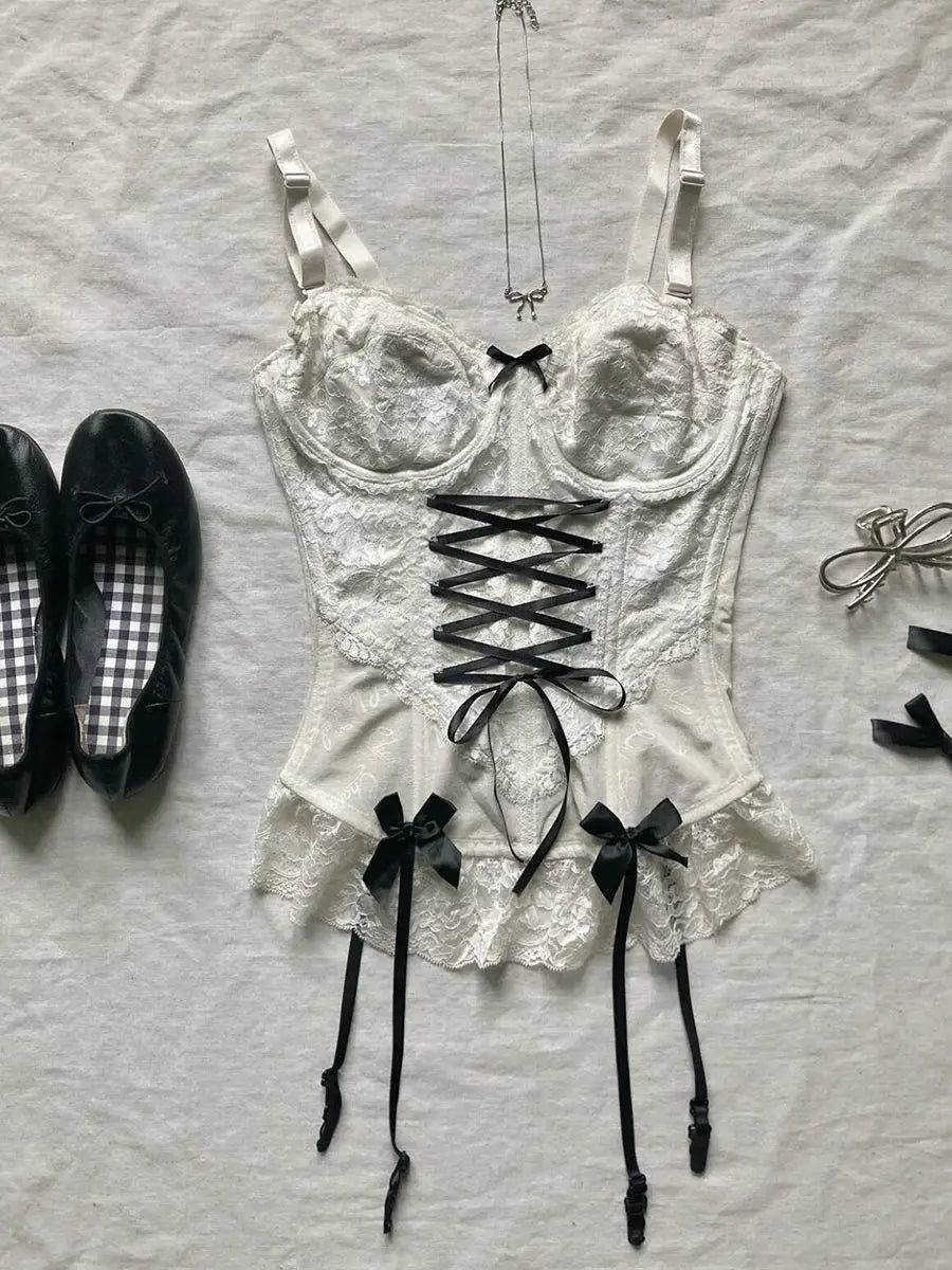 Sweet Girl Sling Y2k Summer Camis Women Clothes Streetwear Bow White Bandage Kawaii Slim Tank Tops Sexys Harajuku Crop Top Aiertu