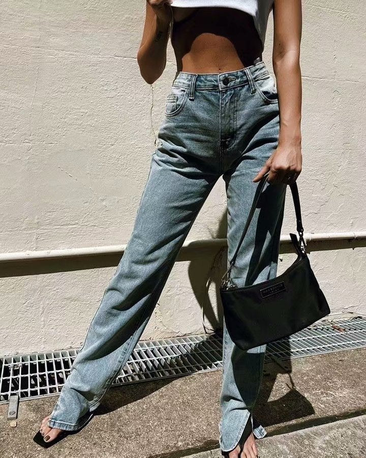 Aiertu going out outfits Street High Waist Floor Split Jeans Loose Slimming Straight Mop Draping Trousers aiertu