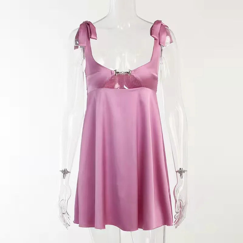 Aiertu  -  Bandage Satin Dress Women Party Sexy Backless Sleeveless Loose Dresses Ladies Hollow Out Casual Mini Dress Woman 2026 New Aiertu