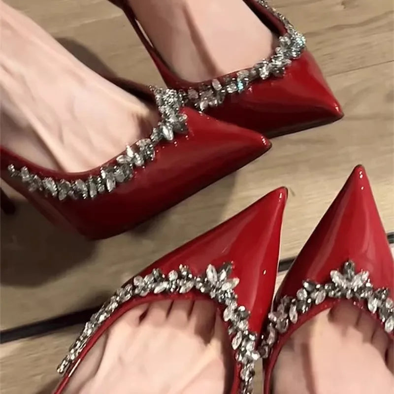 Aiertu  -  Burgundy Diamond-Studded High-Heeled Shoes Women'S Pointy Patent Leather Sexy French Single Shoe Slim Heel Sandals Wedding Pumps Aiertu