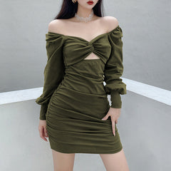 Aiertu - Twist Chest Cutout Puff Sleeve Pleats Dress Aiertu
