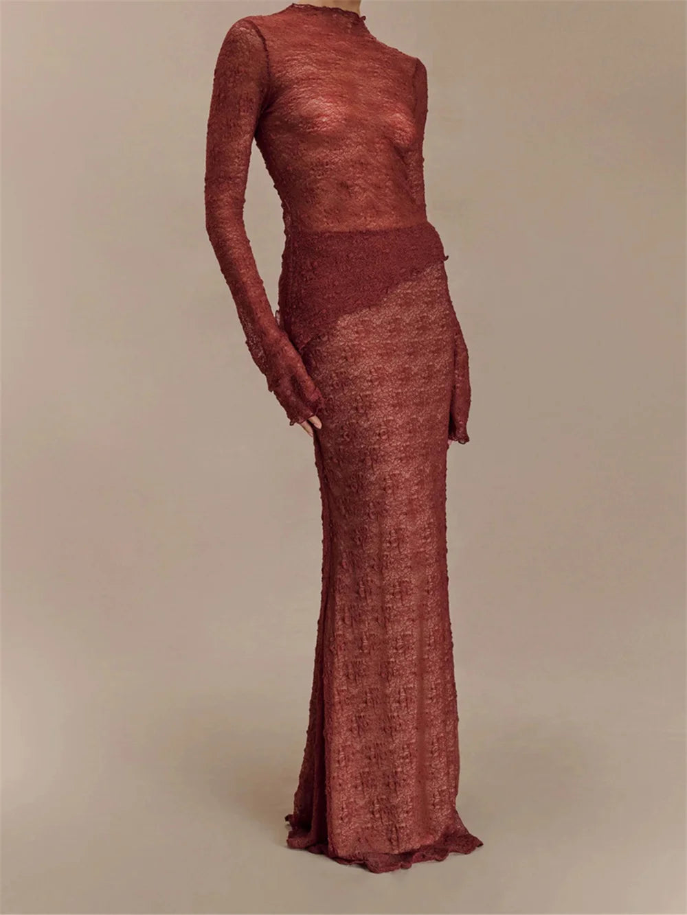 Aiertu  -  Sexy Lace See Through Long Skirt 2 Piece Set Women Solid Half High Collar Long Sleeve Slim Top and Floor Length Skirt Outfit Aiertu