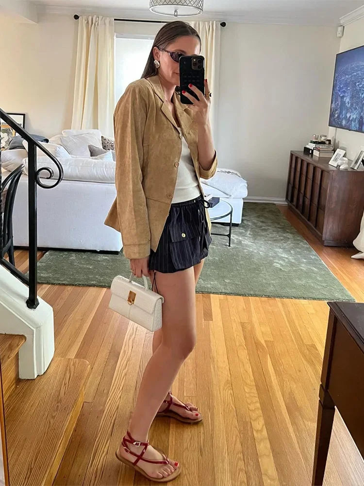 Aiertu  -  Vintage Khaki Suede Leather Blazer Coat Women Elegant Lapel Full Sleeves Single Breasted Jacket Autumn Chic Lady Street Outwear Aiertu