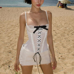Aiertu  -  Bow Bandage Lace Splice Spaghetti Strap Dress For Women Sexy Mesh See Through Hot Girl Slim Mini Dress Club Party Clothes Aiertu