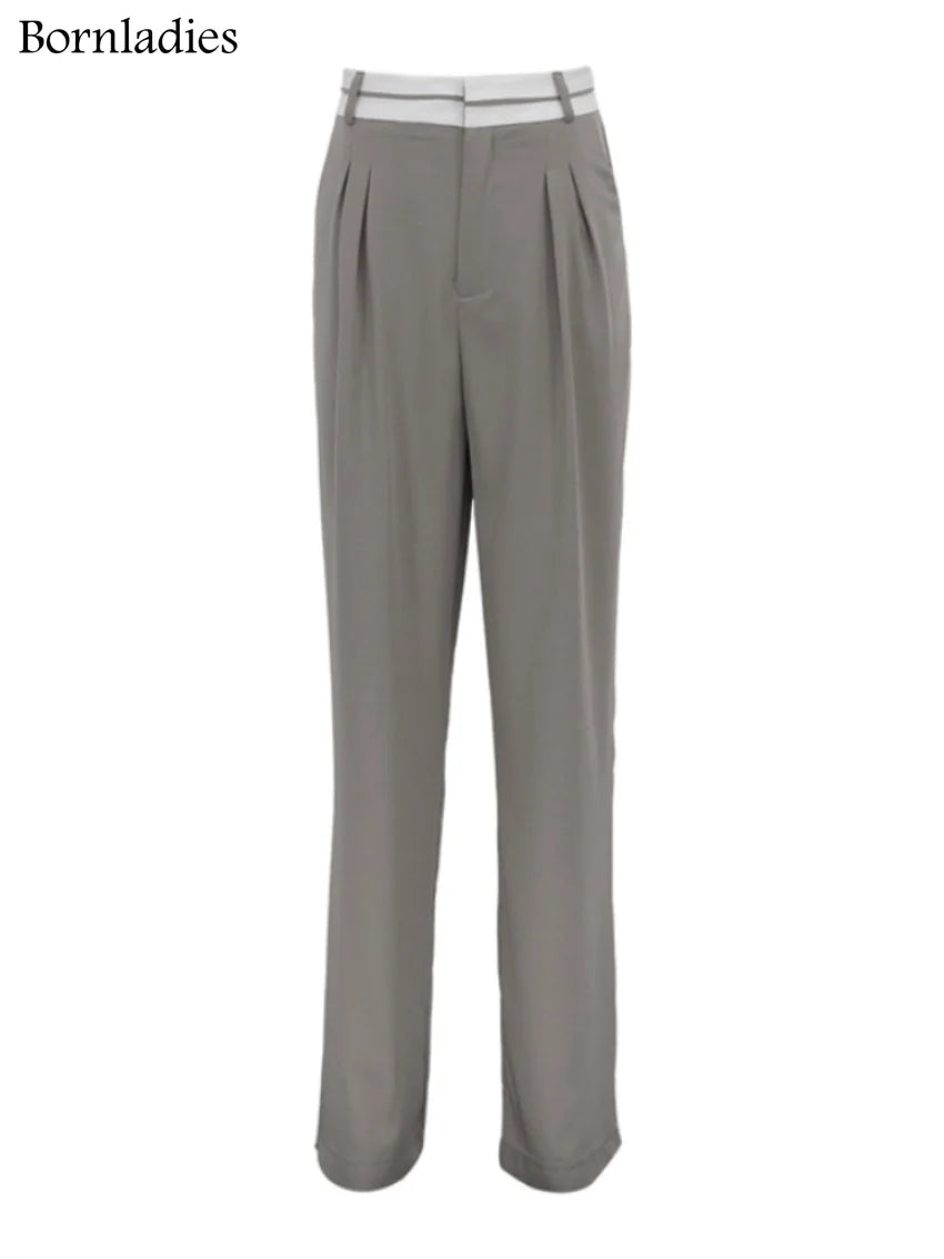 Aiertu  -  Elegant Loose Gray Office Ladies Pants Fashion High Waist Straight OL Trousers Chic Spliced Full Length Women Pants Aiertu