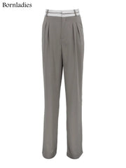 Aiertu  -  Elegant Loose Gray Office Ladies Pants Fashion High Waist Straight OL Trousers Chic Spliced Full Length Women Pants Aiertu