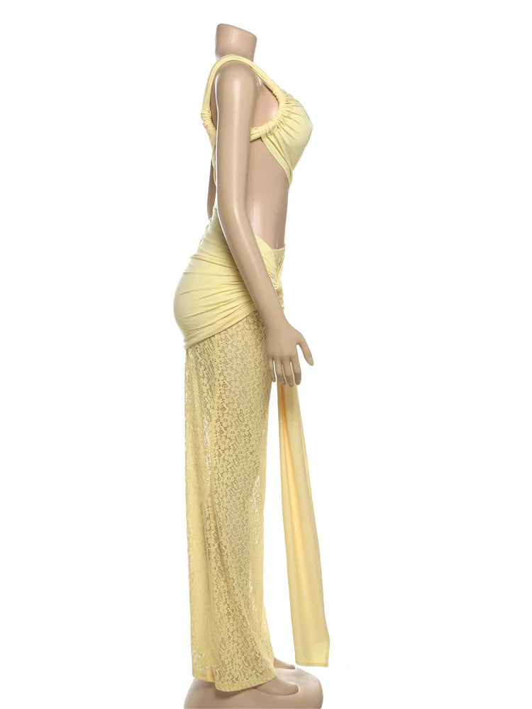Aiertu  -  Elegant Irregular Hollow Dress Women Ruched Backless Knot Ribbon+Mesh Patchwork Bottoms Vacation Fashion Matching Suits Aiertu