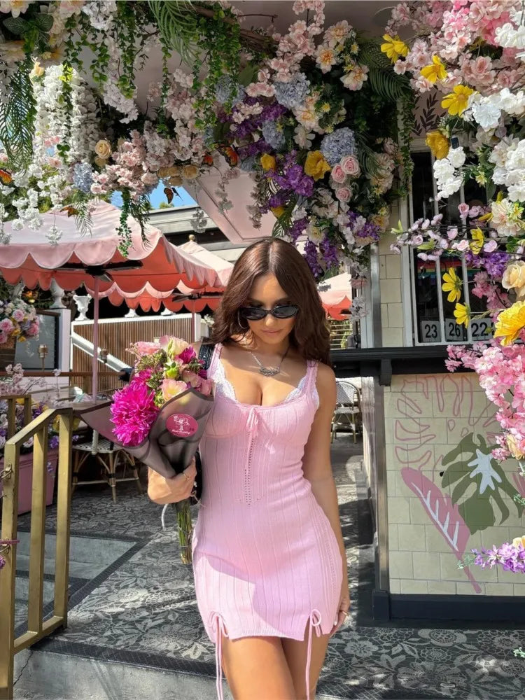 Aiertu  -  New Pink White Lace Patchwork Short Dress For Women's Clothing Ruffle Square Collar Vacation Beach Summer Knit Slip Dress Aiertu