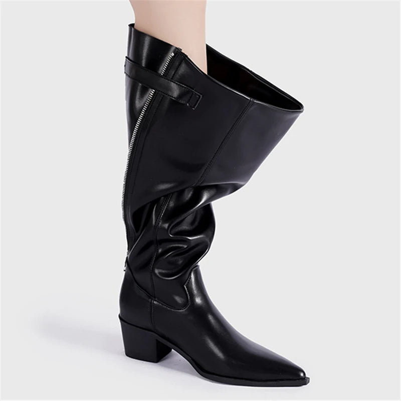 Aiertu  -  Designer Pointed Toe Western Cowboy Boots Women Chunky Heel Retro Belt Buckle Knight Boots Fashion Mujer Luxury Long Botas New Aiertu