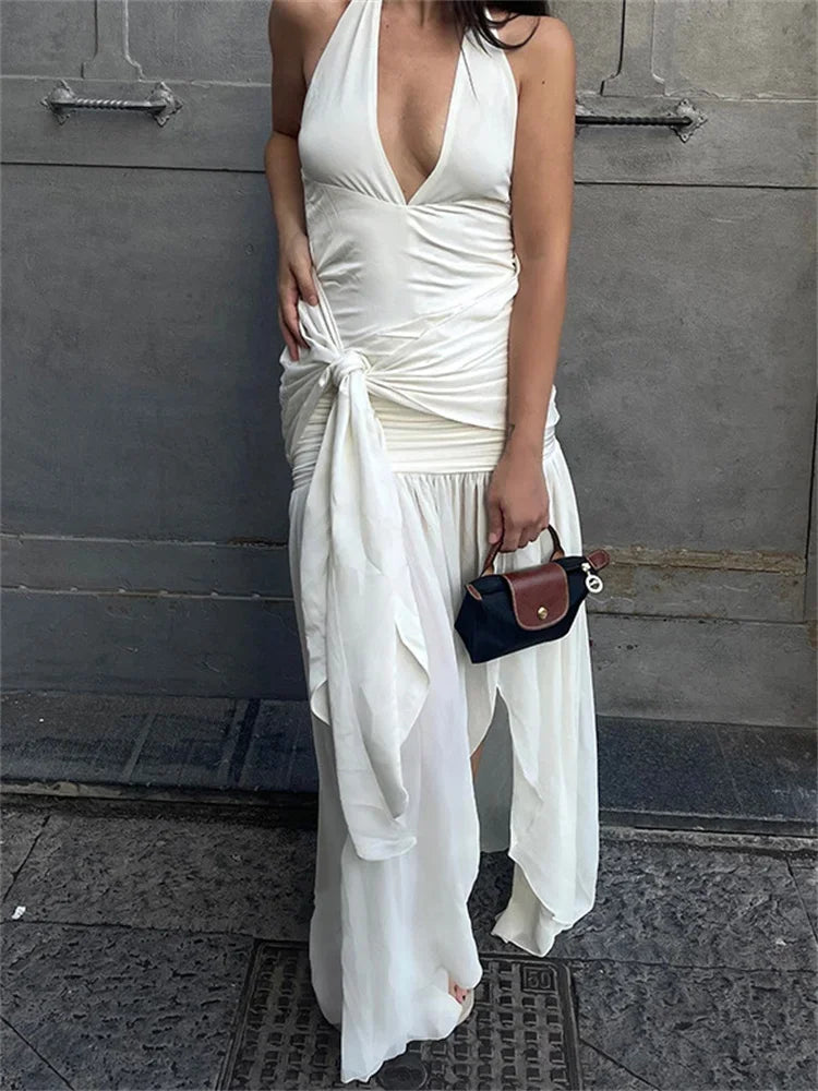 Aiertu  -  V-Neck Backless Lace-Up Long Dress Women's Ruffled Patchwork Sexy Bandage High Waist Solid Dress Ladies Autumn Maxi Dress Aiertu
