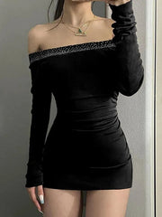 Aiertu  -Rhinestone Off-Shoulder Ruched Long Sleeve Mini Dress aiertu
