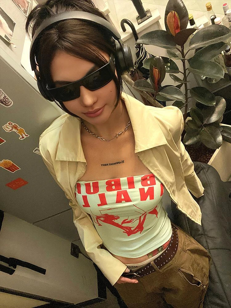 Aiertu  -  Sexy Streetwear Light Blue Vintage Letter Printing Tank Women Y2k Aesthetic Boob Tube Top Tanks Summer Grunge Crop Camisoles Aiertu