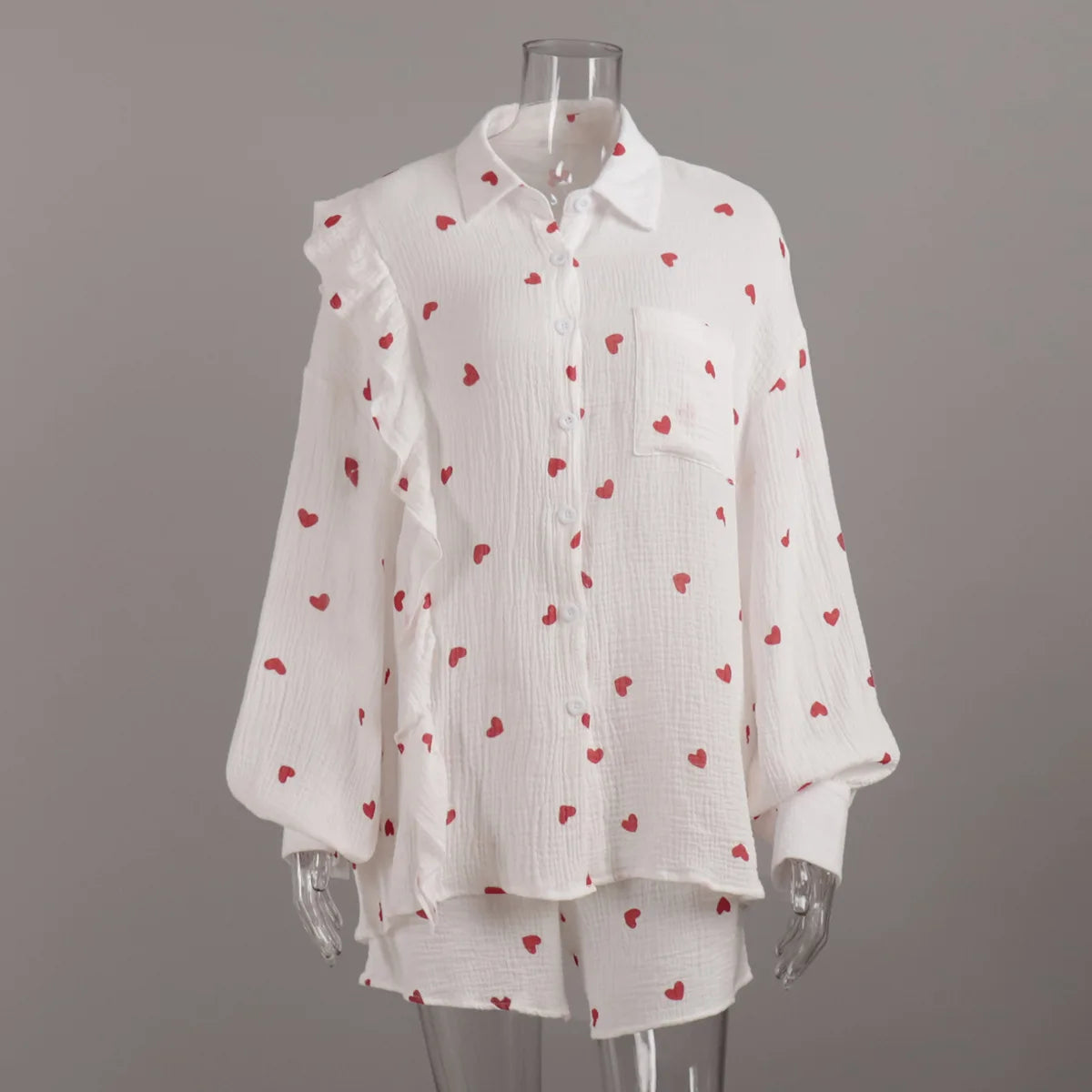 Aiertu  -   2026 New Heart Printed Short Set Women Long Sleeve Pocket Ruffle Cardigan+Short Pants Sets Spring Summer Casual Chic 2 Piece Set Aiertu