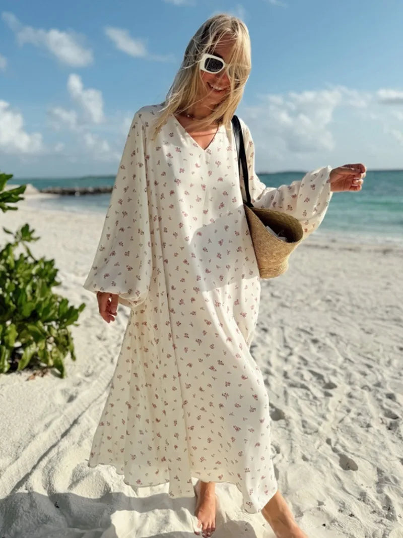 Aiertu  -  New 2026 Autumn Women's V-neck Long Sleeve Floral Print Beach Dress Female Casual Loose Chiffon Long Vacation Dresses with Belt Aiertu