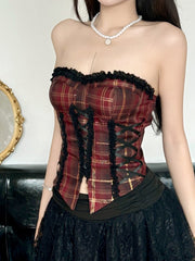 Aiertu - summer inspo Christmas Red Plaid Lace Trim Bandage Women’s Straps Tops Skinny Hotsweet Festive Atmosphere Blouses Fashion Trendy Aiertu
