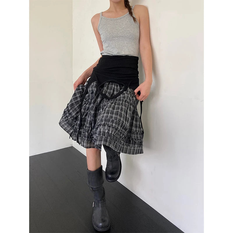Aiertu  -  Vintage Plaid Mini Skirt Women Japanese Harajuku Ruffles Patchwork Black Skirts Summer High Waist Casual A Line Faldas New Aiertu