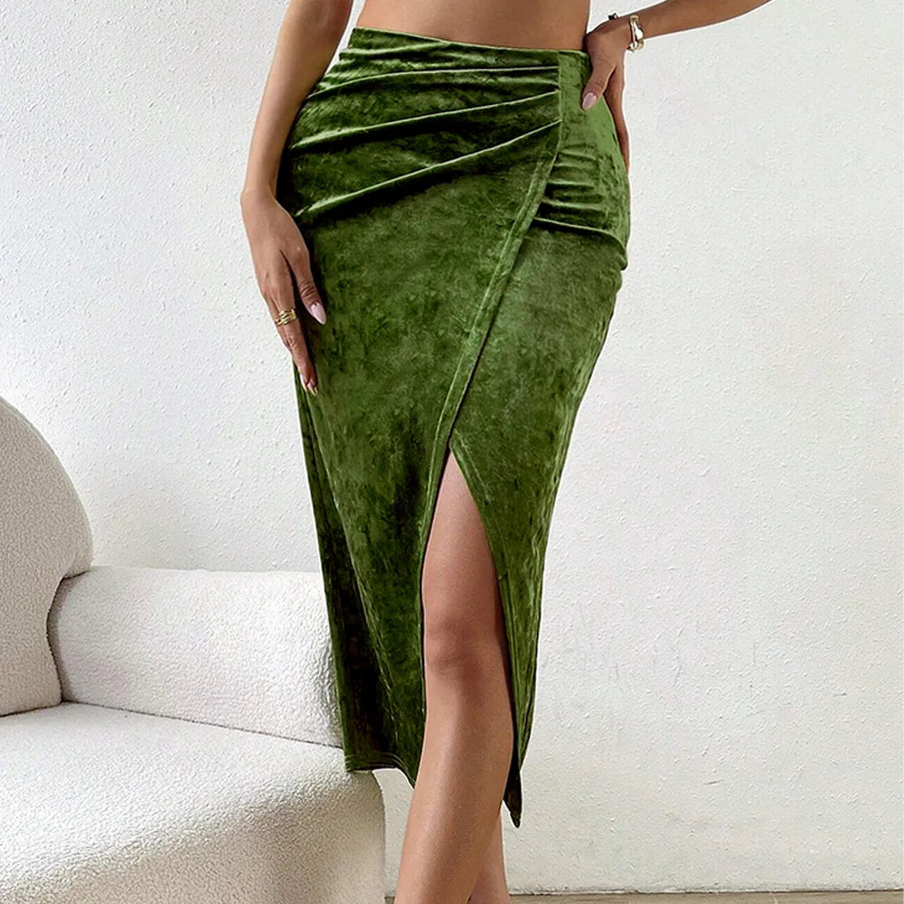 Aiertu  -  Sexy Plain  Side Slip Velvet Skirt Ruched Front Green Slim Fit Skirt Autumn Party Cocktail Bodycon Wrap Women Outerwear Clothing Aiertu