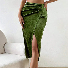 Aiertu  -  Sexy Plain  Side Slip Velvet Skirt Ruched Front Green Slim Fit Skirt Autumn Party Cocktail Bodycon Wrap Women Outerwear Clothing Aiertu
