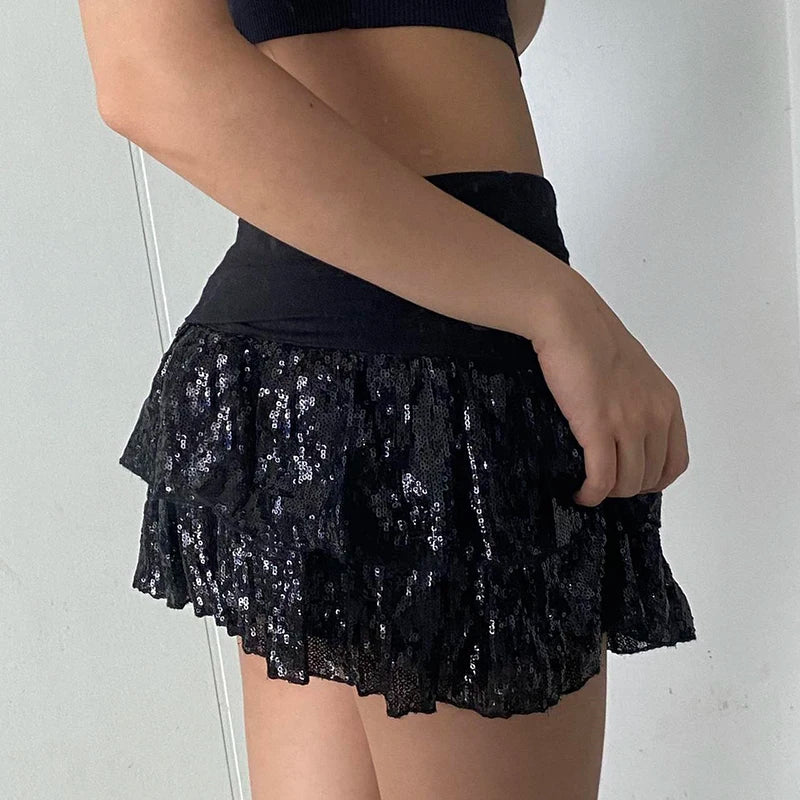 Aiertu  -  party look snspos Contrast Sequin Black Short Skirt Party Outfits Women Fashion A-line Layered Skirt Aesthetic Y2K Clubwear Vintage Aiertu