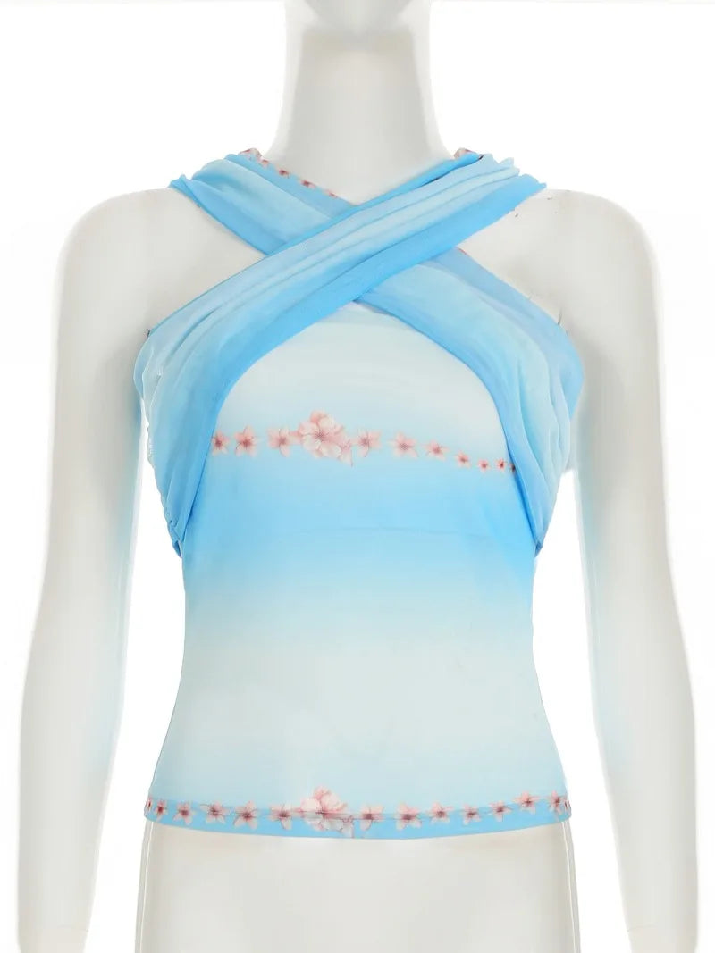 Aiertu  -  Two Piece Outfits Woman Tie Dye Floral Print Mesh Asymmetrical Skirt and Top Matching Sets Y2k Summer P67-EI28 Aiertu
