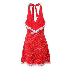 Aiertu  -  Sexy Backless Lace Patchwork Halter Dress For Women A-line Mini Holiday Summer Dresses French Style Polka Dot Short Robe Aiertu