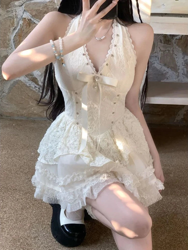 Aiertu  -  Elegant Sweet 2 Piece Skirt Sets Female Lace Pleated Y2k Crop Top + Cute Mini Cake Skirts Japanese Lolita Vintage Suits Summer Aiertu