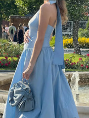 Aiertu  -  Lady Chic Blue Bow Lace Up Sling Sexy Pleated Dress Off Shoulder Backless Sleeveless Dresses New Design Party Holiday Sweet Robe Aiertu