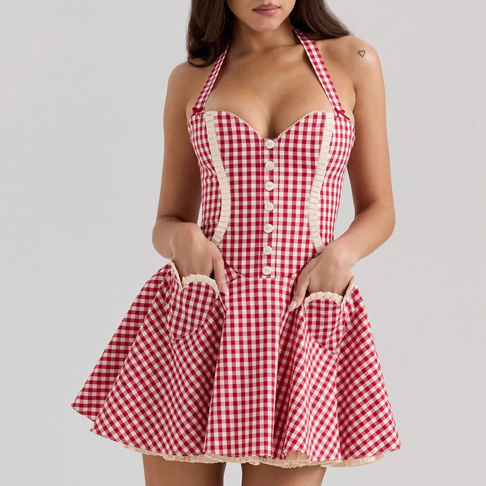 Aiertu  -  Solid Spliced Button Slimming Dresses for Women Square Neck Sleeveless High Waist Temperament Dress Female Aiertu