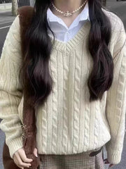 Aiertu  -  Autumn Winter Gray Twisted Flower Sweater Women Long Sleeve V Neck Knitted Pullover Preppy Style Vintage Casual Jumper 2025 New Aiertu