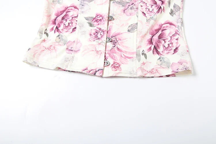 Aiertu  -  Sweet 2Piece Set Women Flower Print Single-Breasted Metal Buckle Wrap Mini Top+Patchwork Lace Folds Skirt Matching Suits Aiertu