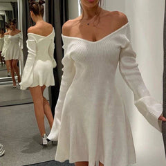 Aiertu  -  Autumn Winter Sweater Dress Sexy Off-Shoulder Women's A-Line Hem Elegant Rib Knit Mini Dresses Long Sleeve Higt Waisted Aiertu