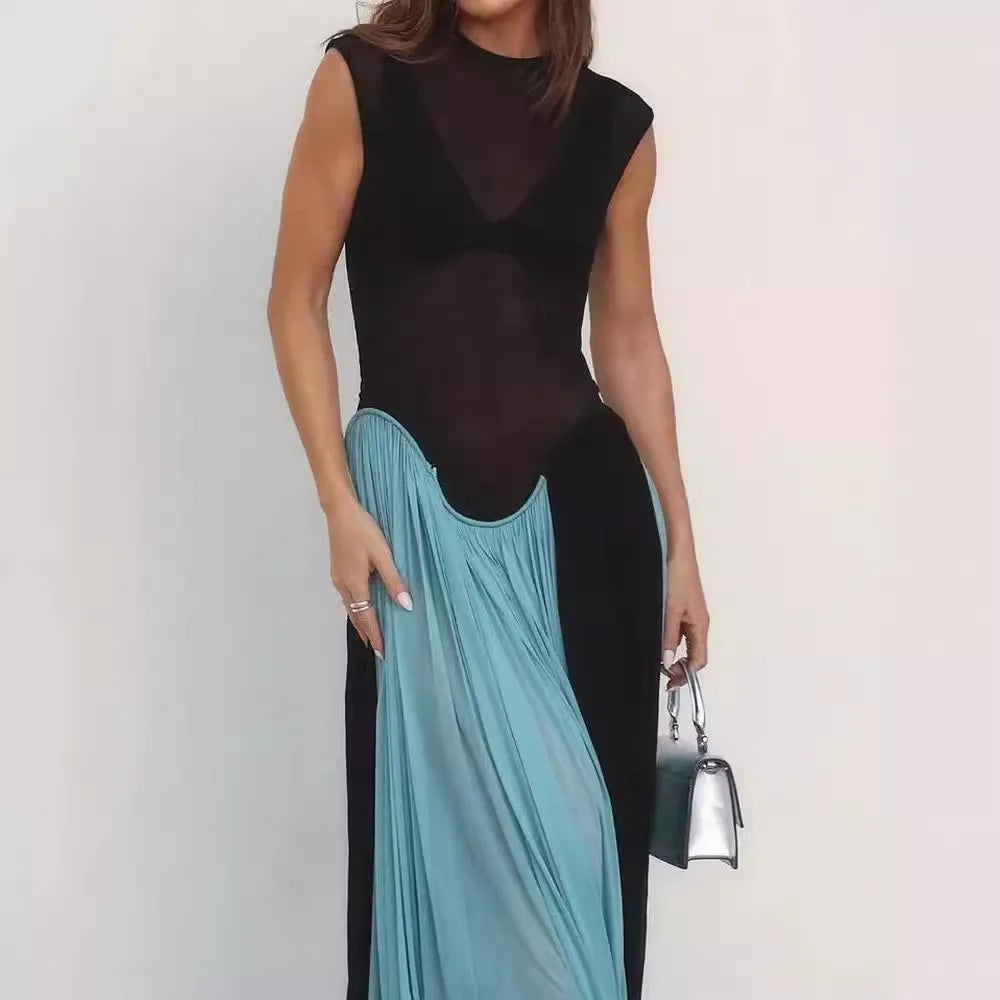 Aiertu  -  Women Vacation Clothing Vestidos Elegantes Para Mujeres Black Mesh Sheer Patchwork Blue Long Luxury Dress For Summer Aiertu