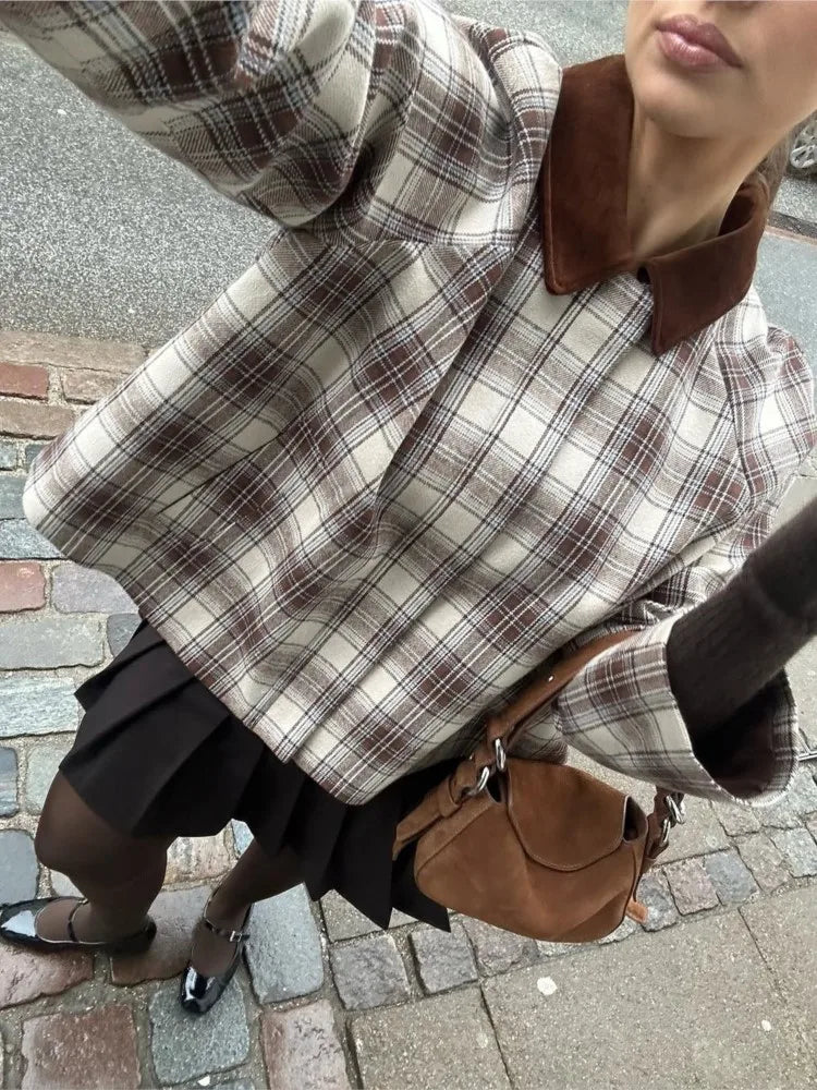 Aiertu  -  Patchwork Plaid Cape Style Jacket Coat Lapel Vintage Pocket Short Overcoat Loose Casual Fashion Temperament Women Outwear Spring Aiertu