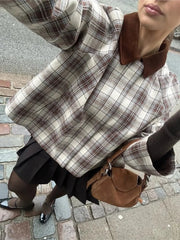 Aiertu  -  Patchwork Plaid Cape Style Jacket Coat Lapel Vintage Pocket Short Overcoat Loose Casual Fashion Temperament Women Outwear Spring Aiertu