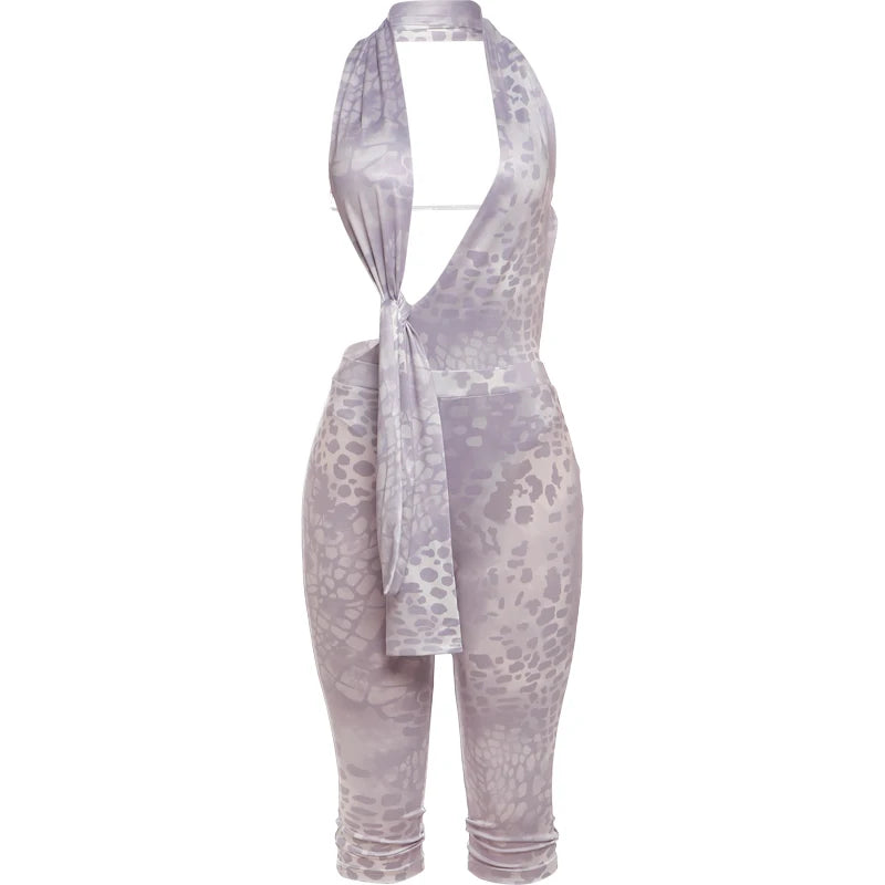 Aiertu  Puss Leopard Print 2 Piece Set Women Backless Irregular Knot Halter Bodysuits+Stretch Shorts Street Matching Sexy Suits Aiertu