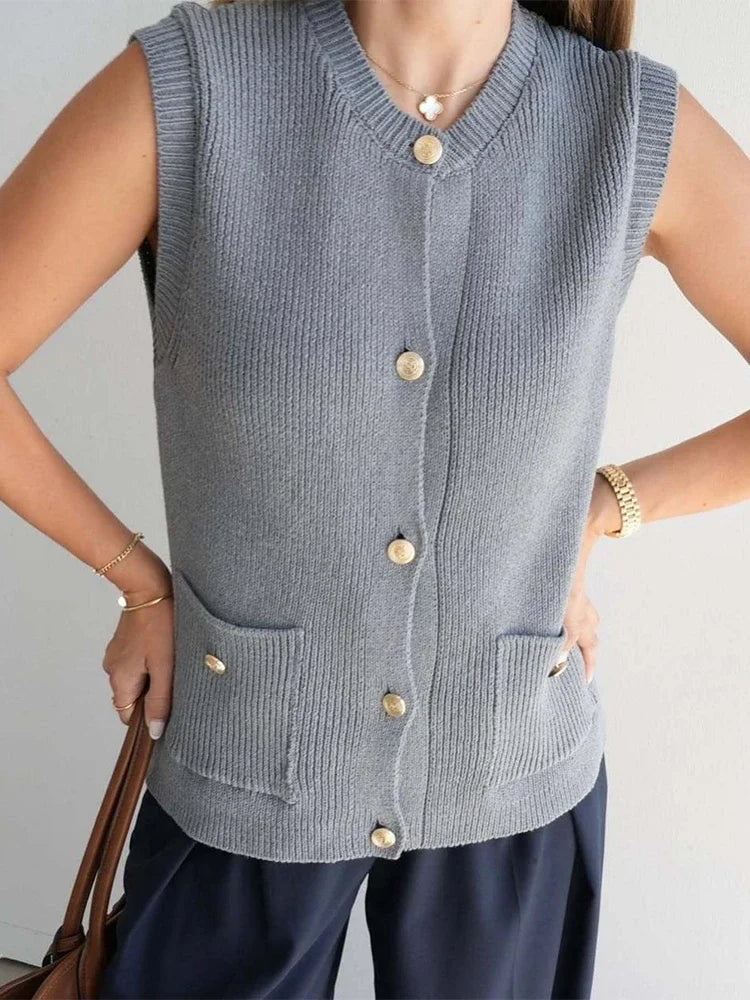 Aiertu  -  Trendix Vintage Knit Cardigan Vest Women Winter Fashion Sleeveless Button Pocket Tank Top Femme Solid Casual Knitwear Streetwear Aiertu
