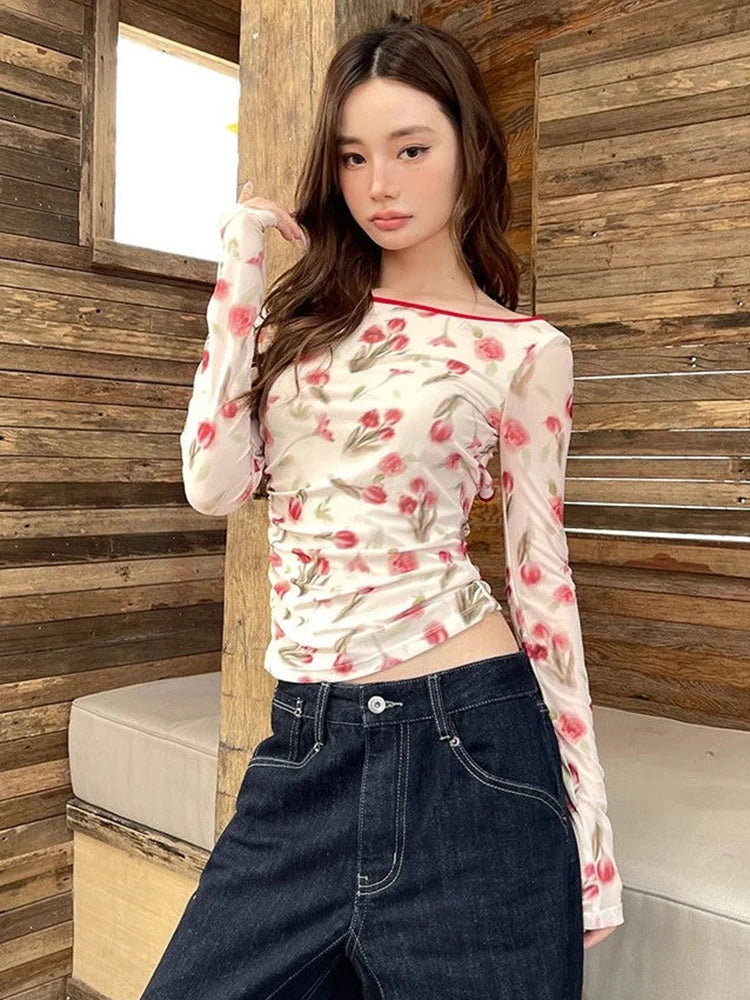 Aiertu  Sexy Backless Mesh T Shirt Women Slim Long Sleeve Floral Tops Korean Vintage Casual Hollow Out Lace Up Female Design Tees Aiertu